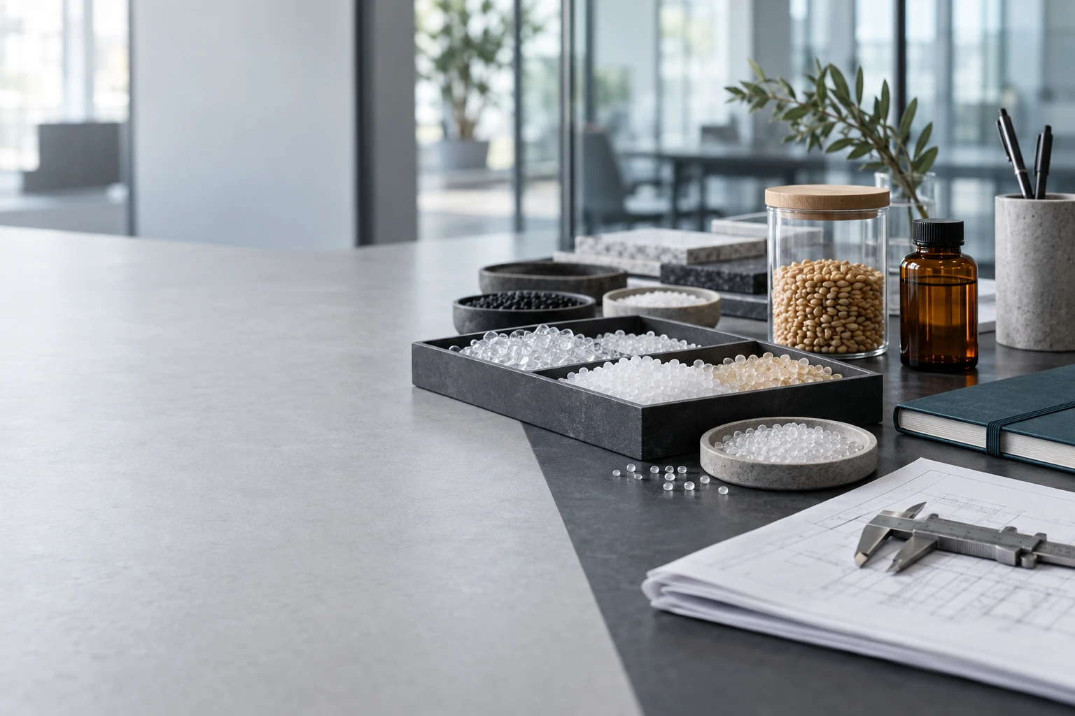 Illustrative sourcing workspace with raw material samples